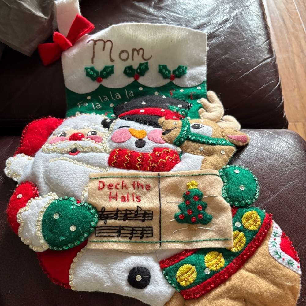 Vintage Felt Sequin Appliqué Christmas Stocking Kit Completed Deck the Halls